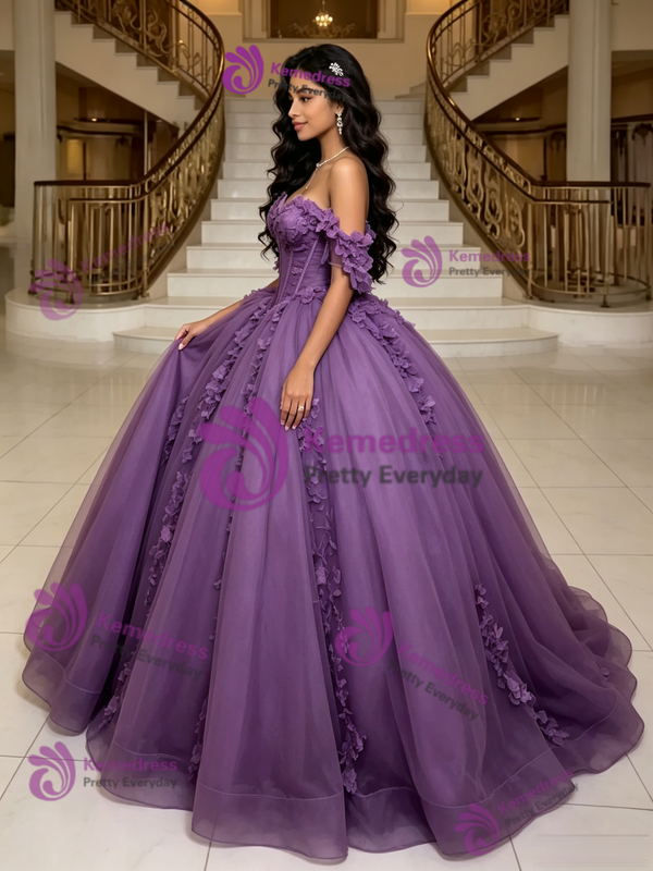 Purple Tulle Off the Shoulder Quinceanera Dress
