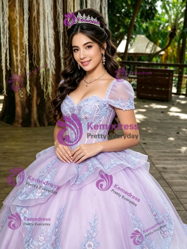 Purple Tulle Puff Sleeve Appliques Quinceanera Dress