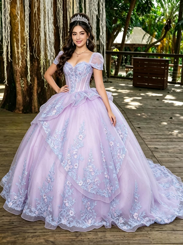 Purple Tulle Puff Sleeve Appliques Quinceanera Dress