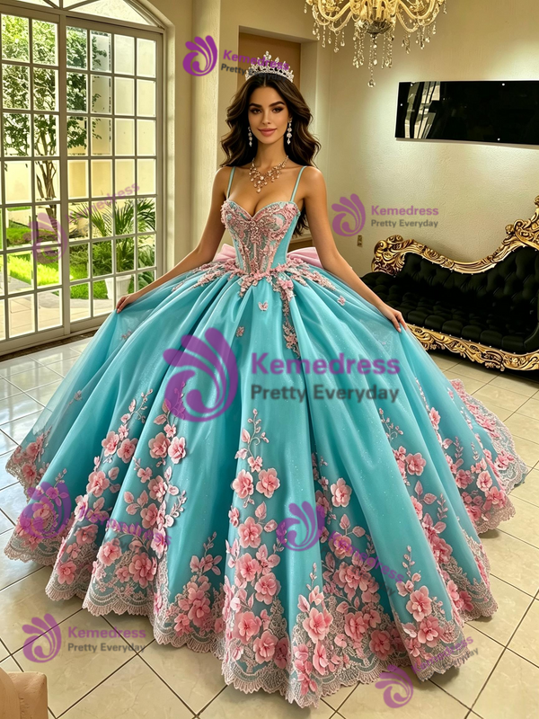 Blue Tulle Spaghetti Straps 3D Flower Quinceanera Dress