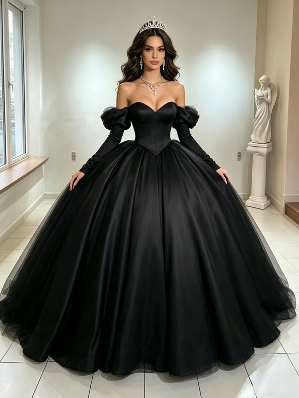 Black Satin Long Sleeve Quinceanera Dress