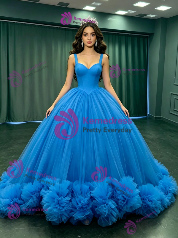 Ball Gown Blue Tulle Straps Quinceanera Dress