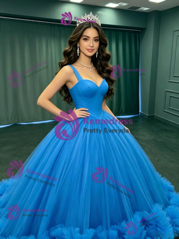 Ball Gown Blue Tulle Straps Quinceanera Dress