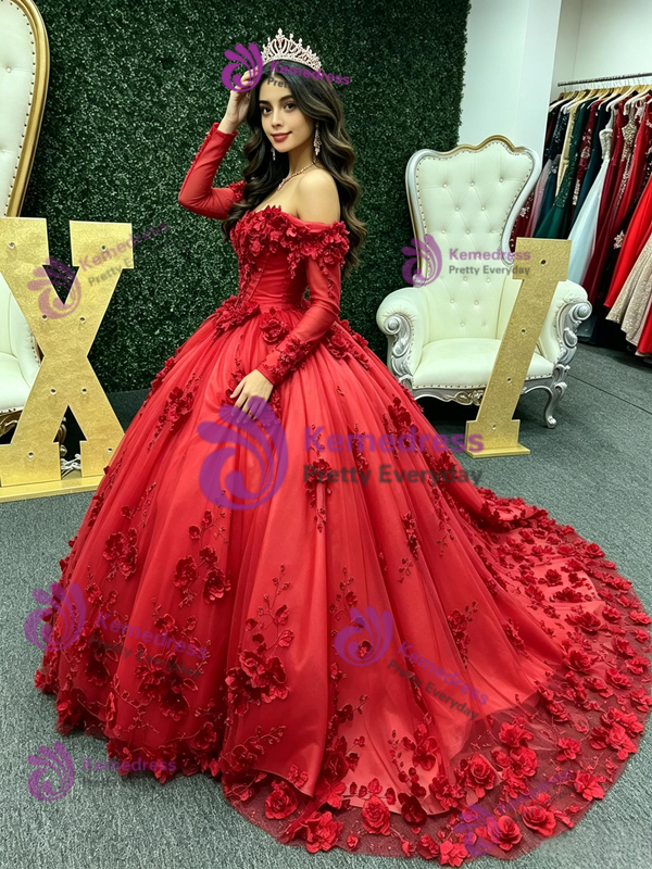 Red Tulle Long Sleeve Appliques Quinceanera Dress