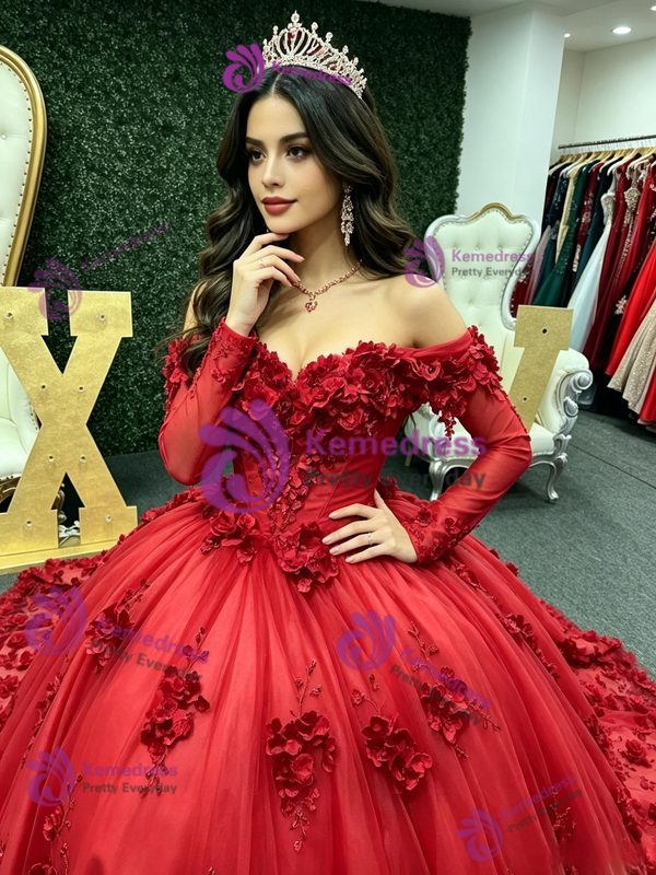 Red Tulle Long Sleeve Appliques Quinceanera Dress