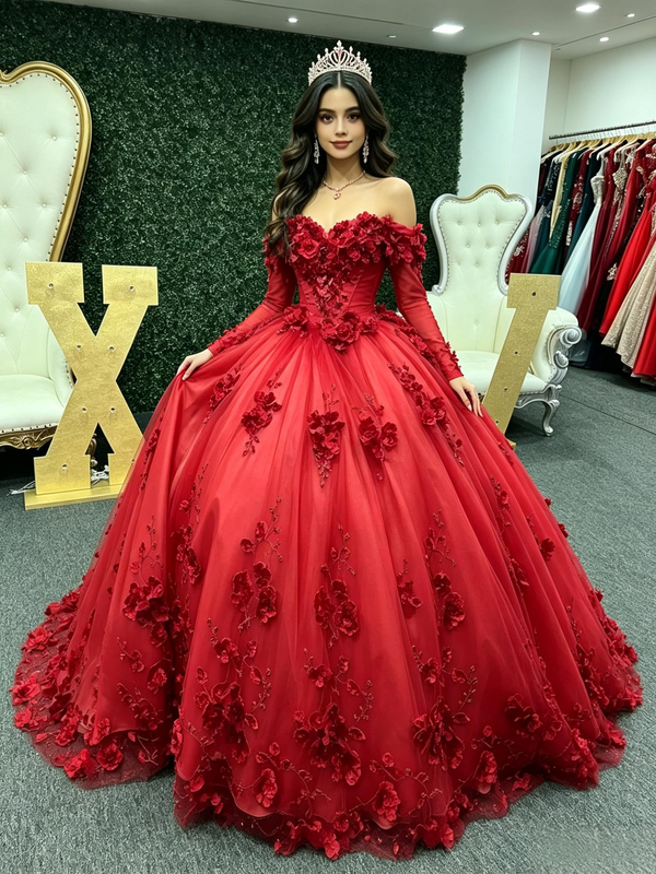 Red Tulle Long Sleeve Appliques Quinceanera Dress