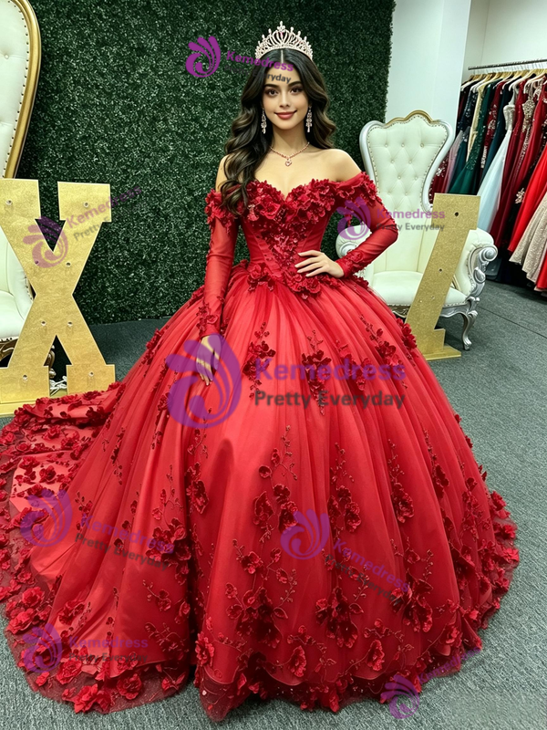 Red Tulle Long Sleeve Appliques Quinceanera Dress