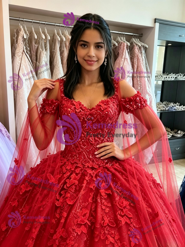 Red Tulle Appliques Straps Quinceanera Dress