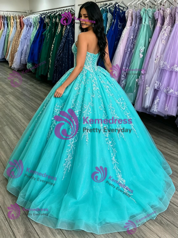 Blue Tulle Strapless Appliques Quinceanera Dress
