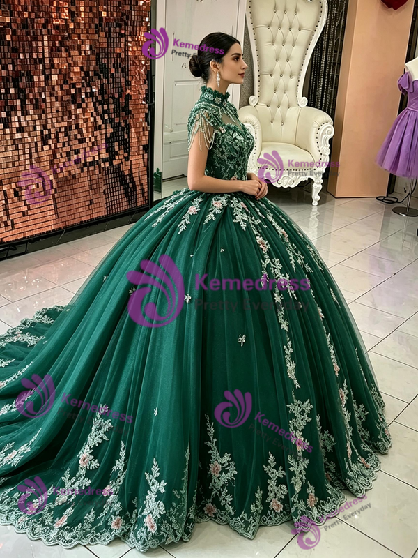 Green Tulle Appliques Quinceanera Dress