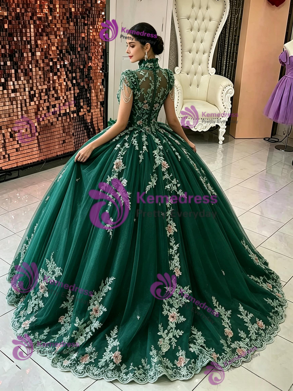 Green Tulle Appliques Quinceanera Dress