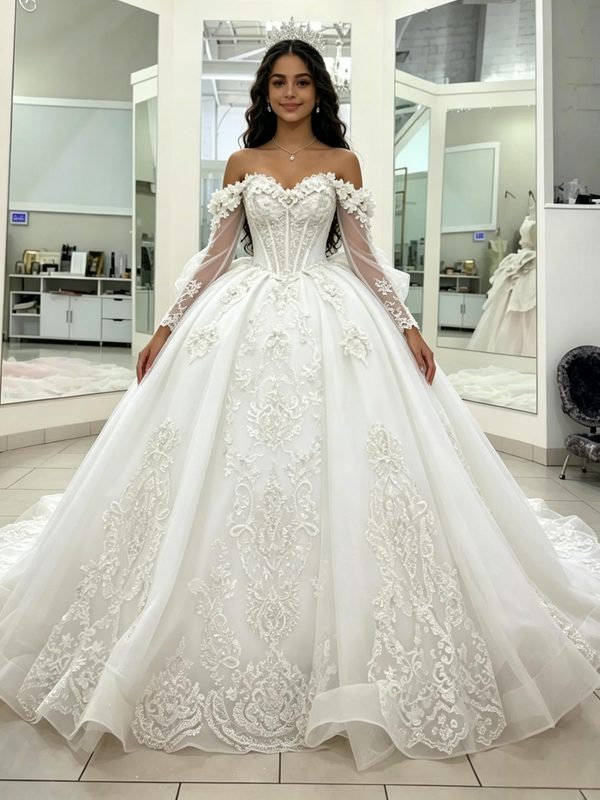 White Tulle Long Sleeve Appliques Quinceanera Dress
