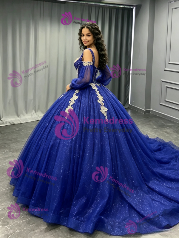 Blue Tulle Long Sleeve Appliques Quinceanera Dress