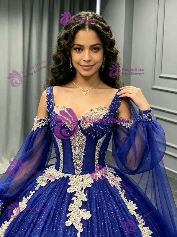 Blue Tulle Long Sleeve Appliques Quinceanera Dress