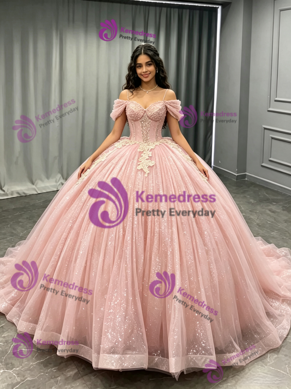 Pink Tulle Sequins Straps Appliques Quinceanera Dress