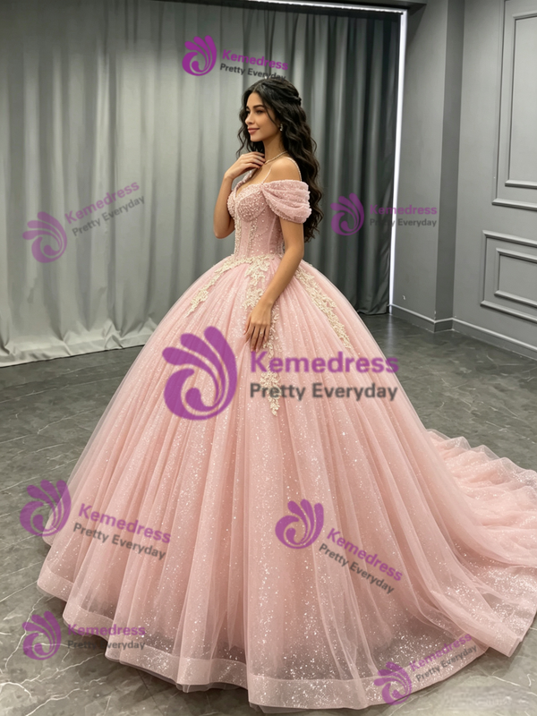 Pink Tulle Sequins Straps Appliques Quinceanera Dress