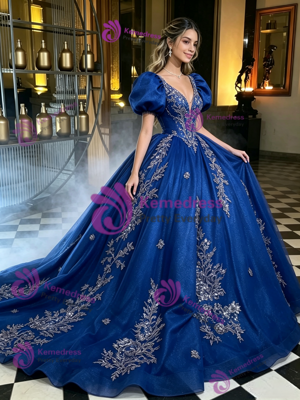 Blue Tulle Puff Sleeve Appliques Quinceanera Dress