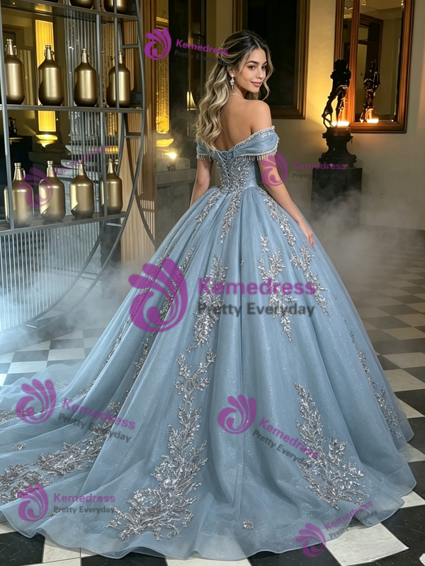 Blue Tulle Off the Shoulder Appliques Quinceanera Dress