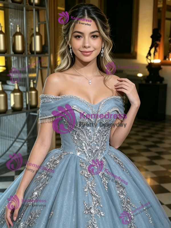 Blue Tulle Off the Shoulder Appliques Quinceanera Dress