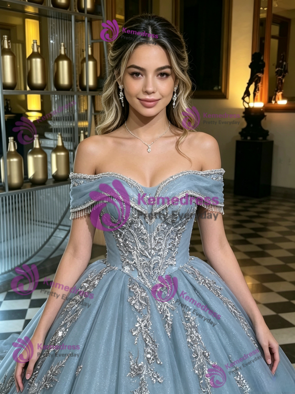 Blue Tulle Off the Shoulder Appliques Quinceanera Dress