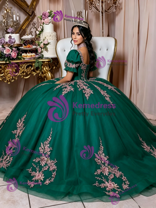 Green Tulle Short Sleeve Appliques Quinceanera Dress