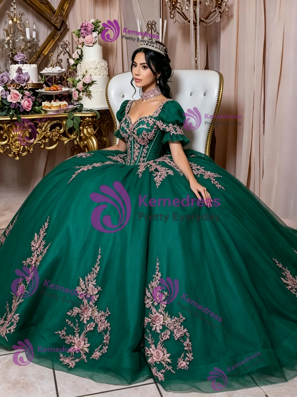 Green Tulle Short Sleeve Appliques Quinceanera Dress
