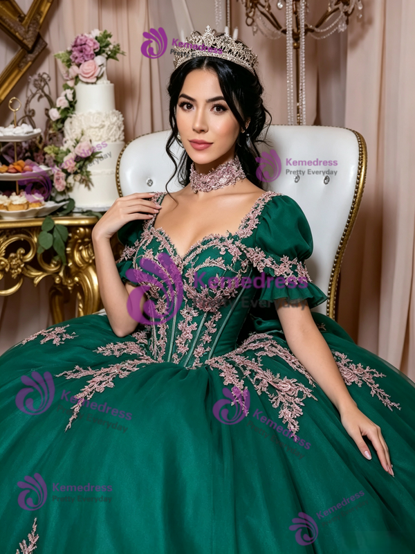 Green Tulle Short Sleeve Appliques Quinceanera Dress