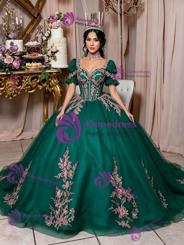 Green Tulle Short Sleeve Appliques Quinceanera Dress