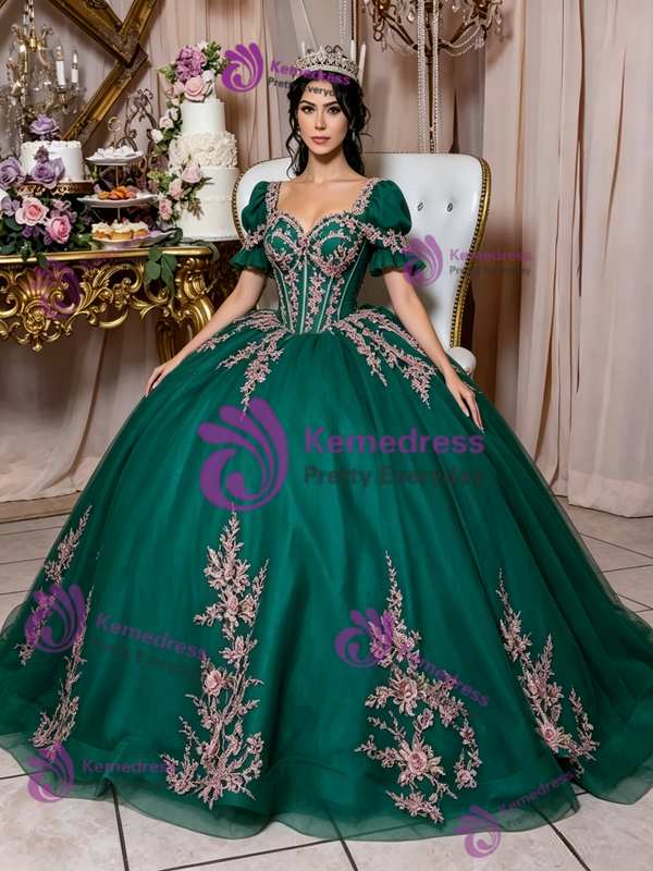Green Tulle Short Sleeve Appliques Quinceanera Dress