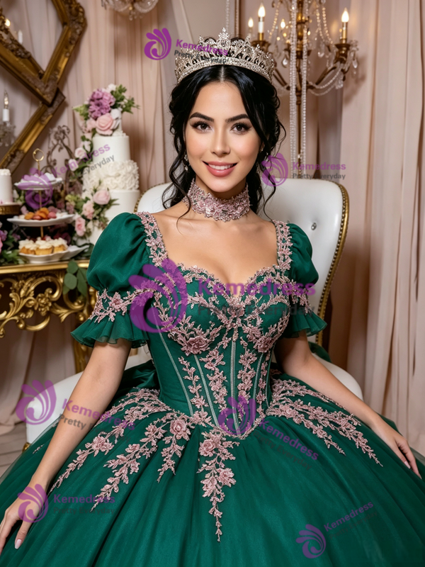 Green Tulle Short Sleeve Appliques Quinceanera Dress