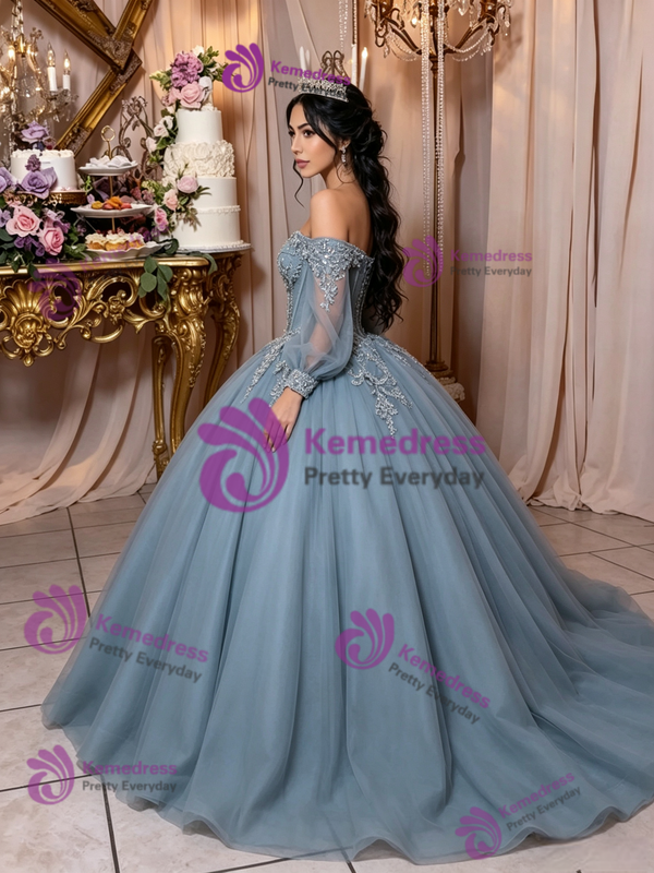 Blue Tulle Long Sleeve Appliques Quinceanera Dress