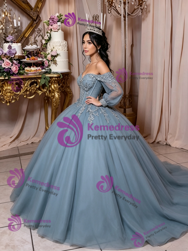 Blue Tulle Long Sleeve Appliques Quinceanera Dress