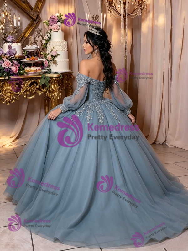 Blue Tulle Long Sleeve Appliques Quinceanera Dress