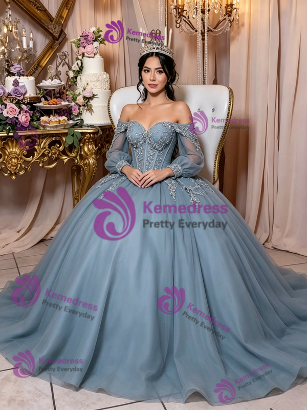 Blue Tulle Long Sleeve Appliques Quinceanera Dress
