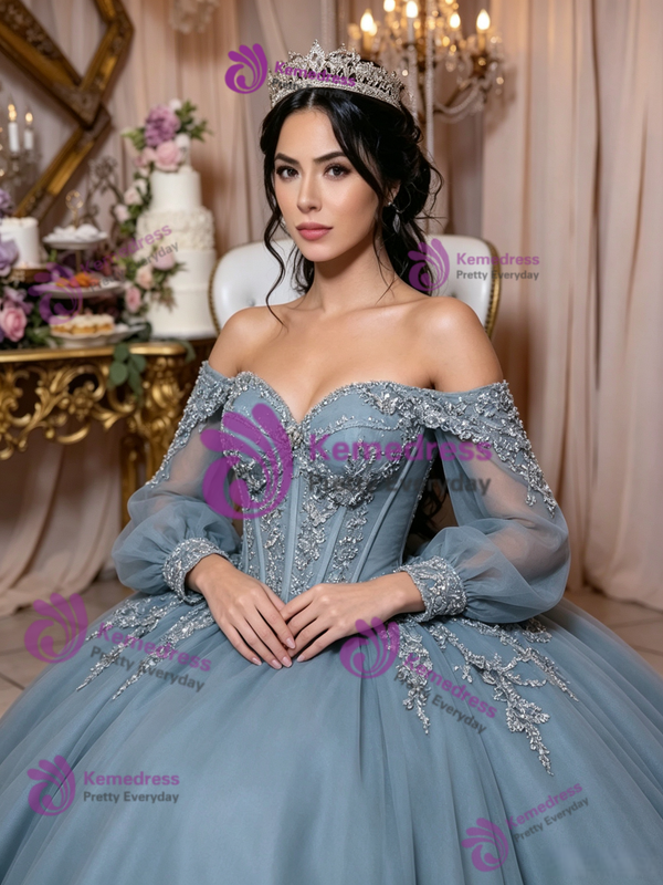 Blue Tulle Long Sleeve Appliques Quinceanera Dress