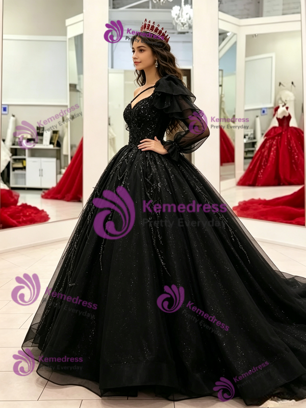 Black Tulle Long Sleeve Sequins Quinceanera Dress