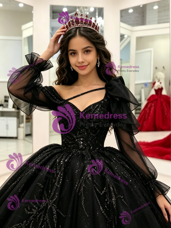 Black Tulle Long Sleeve Sequins Quinceanera Dress