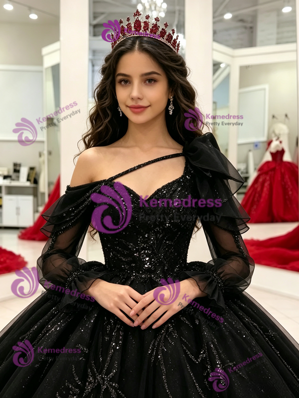 Black Tulle Long Sleeve Sequins Quinceanera Dress