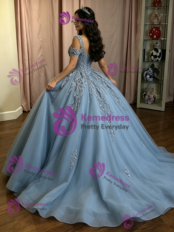 Blue Tulle Straps Appliques Quinceanera Dress