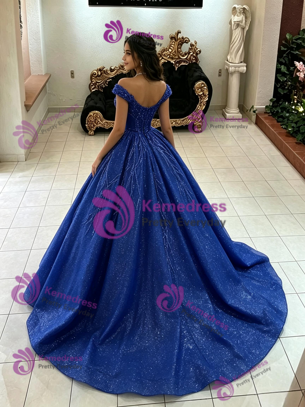 Blue Sequins Off the Shoulder Quinceanera Dress