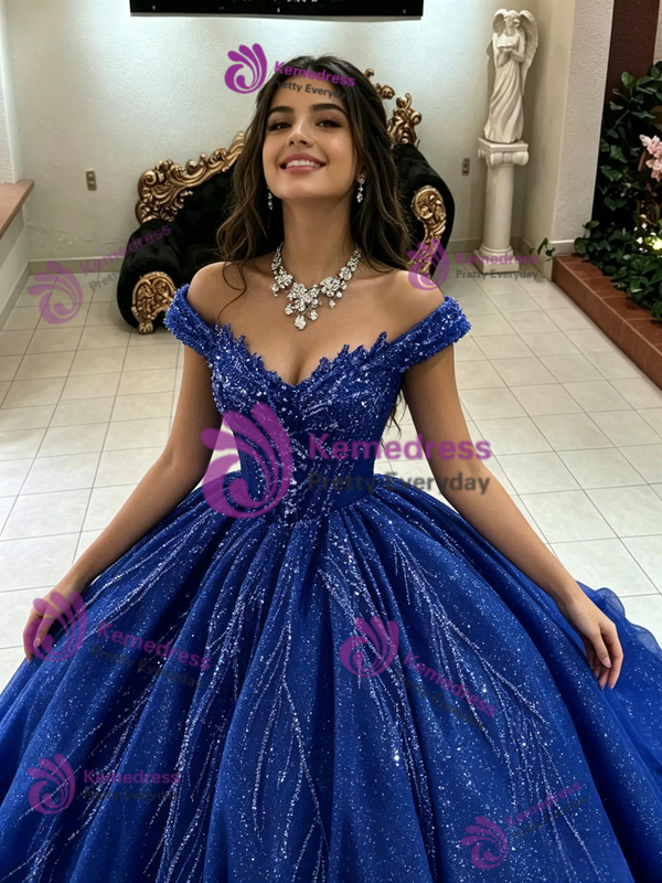 Blue Sequins Off the Shoulder Quinceanera Dress