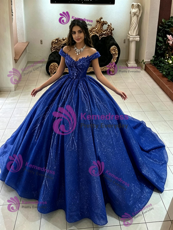 Blue Sequins Off the Shoulder Quinceanera Dress