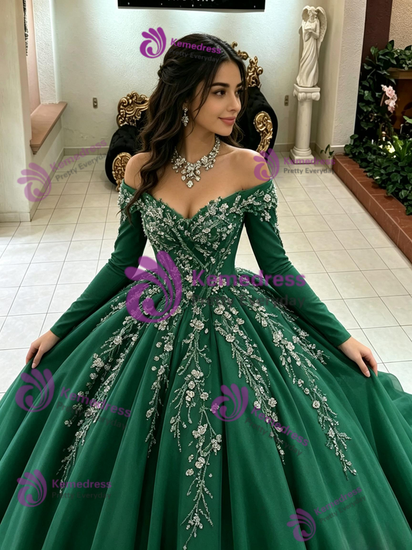 Green Tulle Long Sleeve Appliques Quinceanera Dress