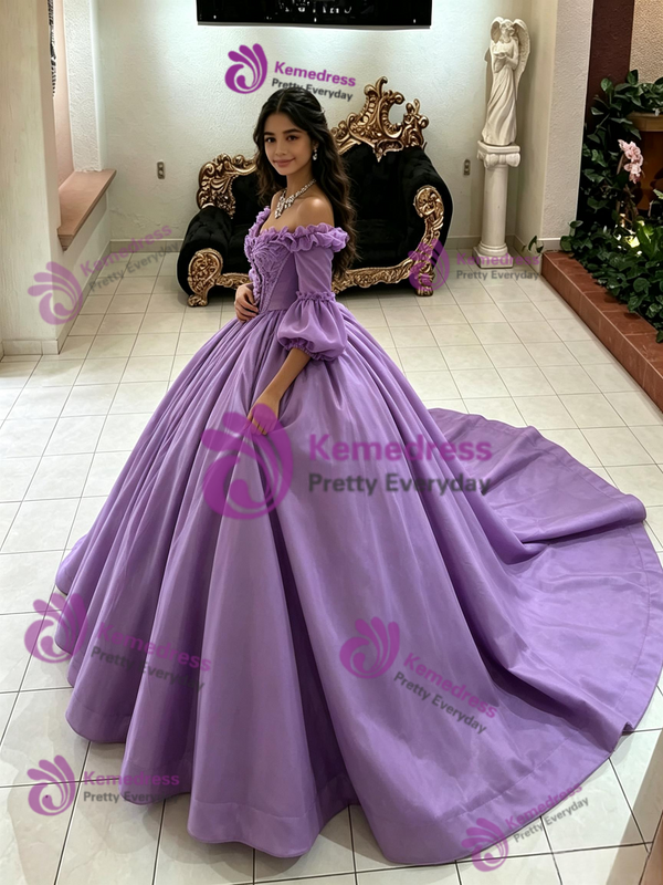 Purple Tulle Puff Sleeve Quinceanera Dress