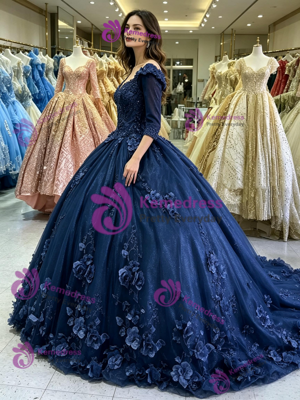 Navy Blue Tulle Short Sleeve Quinceanera Dress