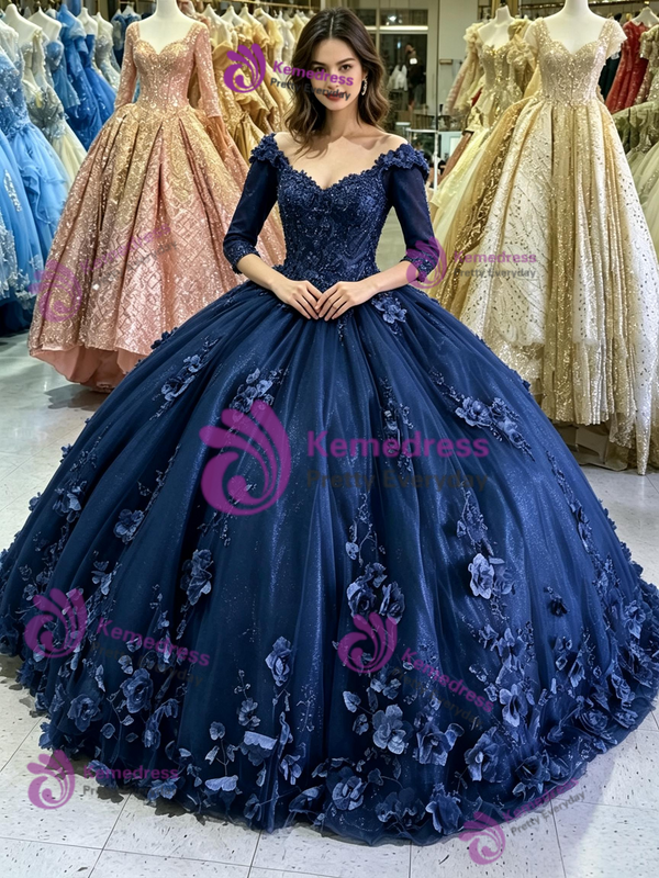Navy Blue Tulle Short Sleeve Quinceanera Dress