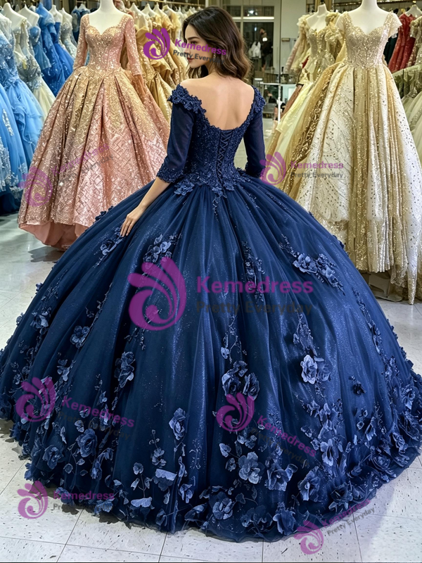 Navy Blue Tulle Short Sleeve Quinceanera Dress