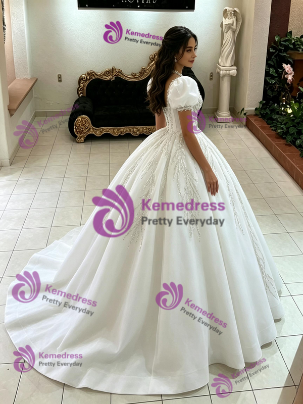 White Puff Sleeve Tulle Quinceanera Dress