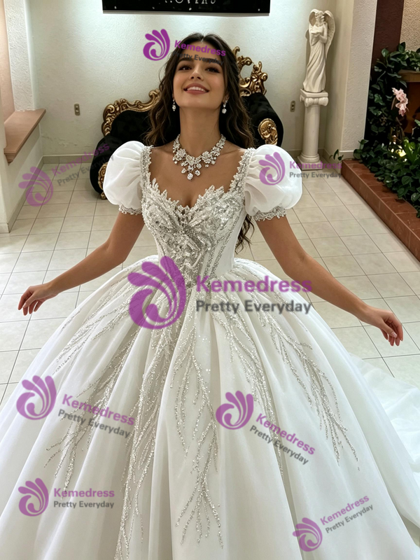 White Puff Sleeve Tulle Quinceanera Dress