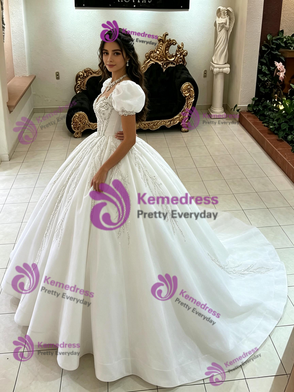 White Puff Sleeve Tulle Quinceanera Dress